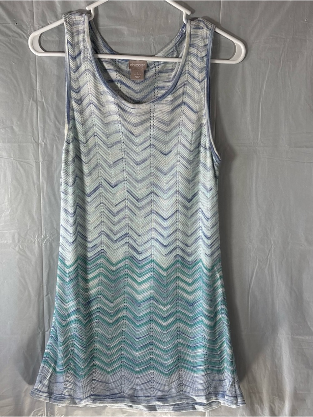 Chicos Sweater Tank Tunic Medium Blue Lightweight Layer Coastal Boho Grandma